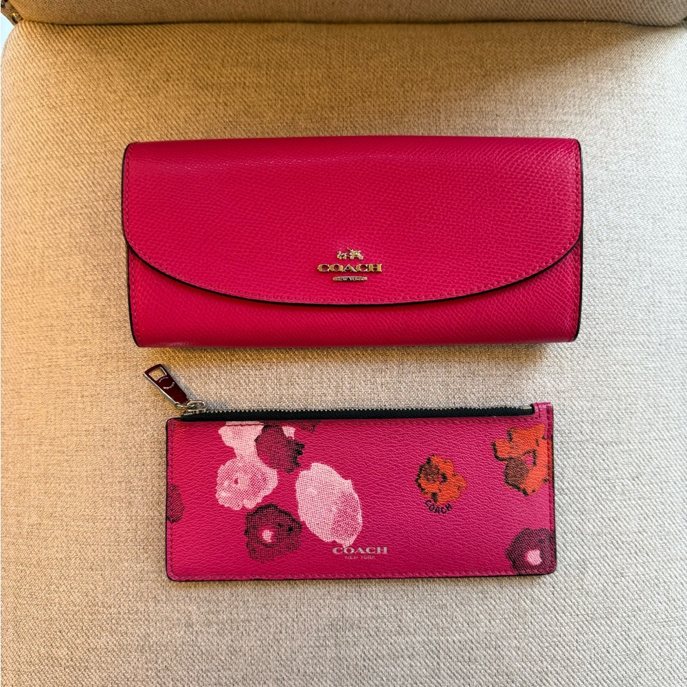 Authentic COACH Hot Pink Leather Wallet with Floral Zip Pouch